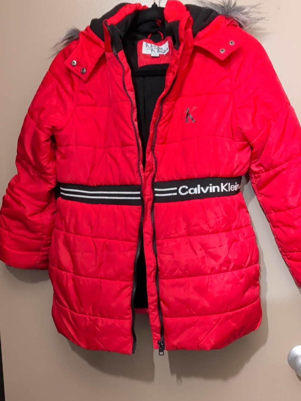 Calvin Klein Girls Bright Pink Quilted Puffer Coat with Logo Waistband EUC